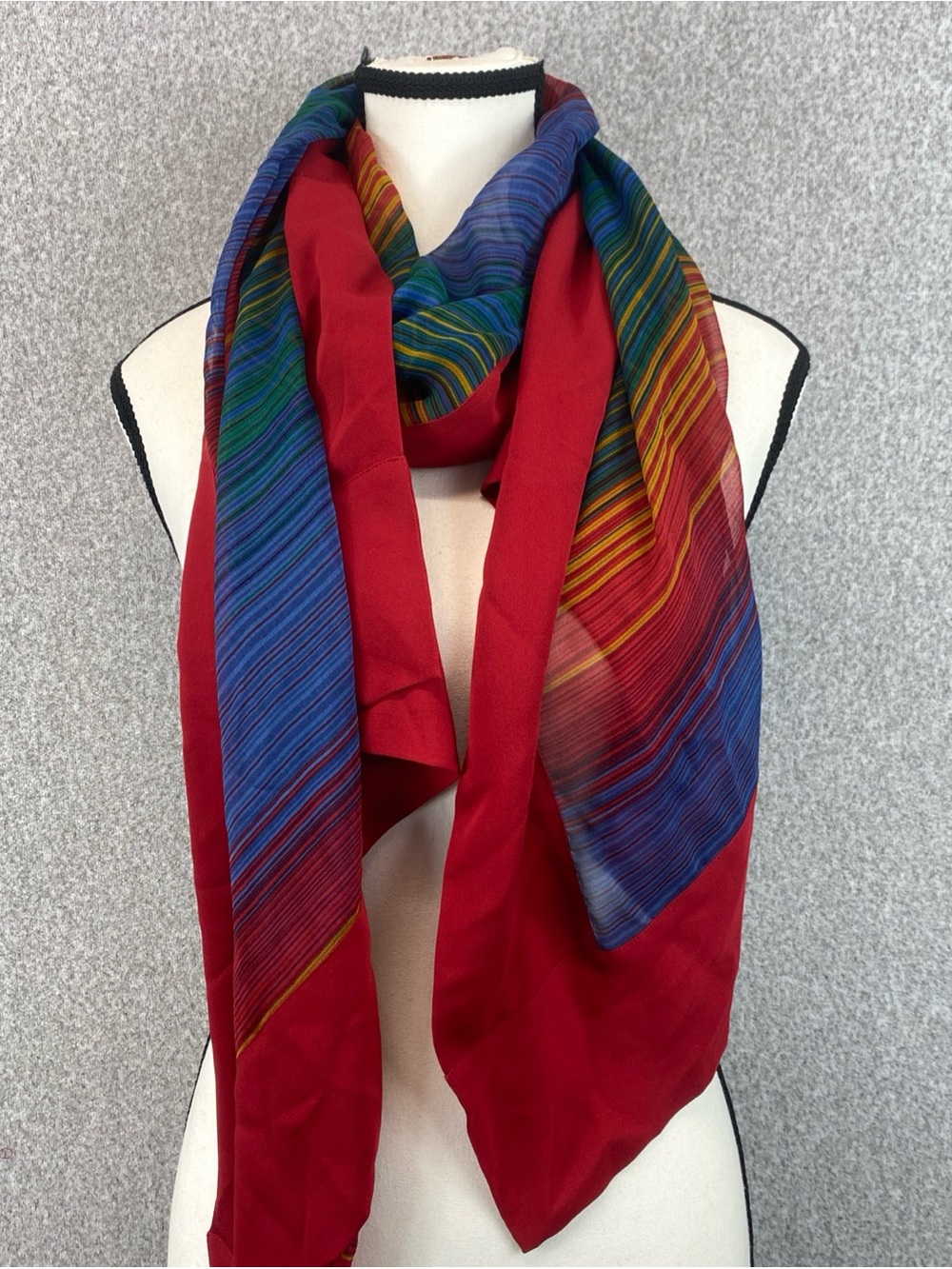 Linda Allard Ellen Tracy Silk Scarf Geometric Stripe Red Blue 27x68” Rectangular